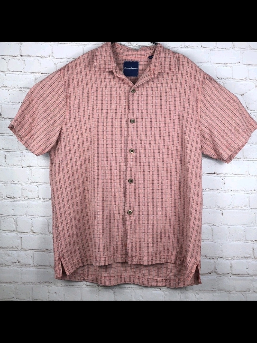 Tommy Bahama Shirt Mens Large Salmon Pink Check Button Up Short Sleeve 100%Silk
